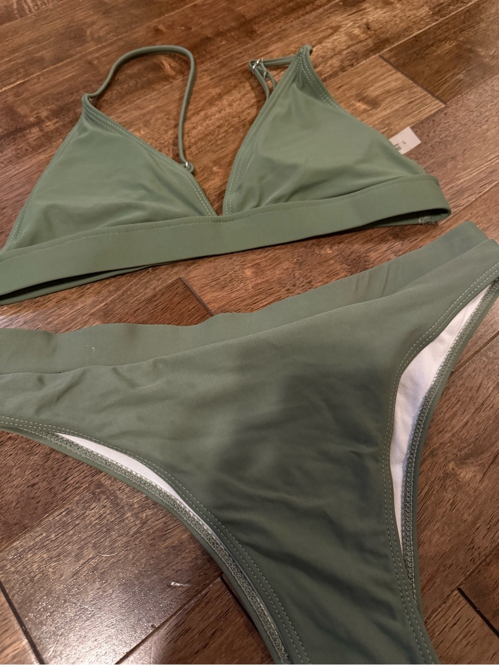 Olive Green Bikini Set Women’s Large Triangle Halter Two Piece Swimsuit - Picture 2 of 5